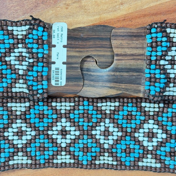Handmade Beaded Geometric Waist Belt Turquoise Brown Wood Buckle Retro 33 Inch - Picture 4 of 9